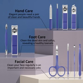 BLESWIN Nail Set Manicure, 10 in 1 Professional Nail Clippers Kit, Nail Clippers Gel Nails, Nail Clippers Set Men Women, Portable Manicure Set Blue Leather Case for Travel Home Page