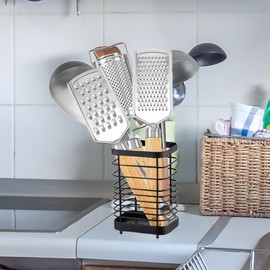 KEINEUX Utensil Holder Kitchen Countertop Organizer, Cutlery Drainer Sink Caddy Storage Drying Rack for Silverware Flatware and Cookware, Stainless Steel, Black-6"