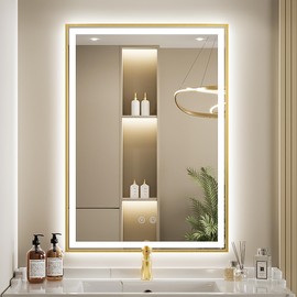 FTOTI LED Bathroom Mirror, 20x28 Inch Frontlit & Backlit Gold Framed Lighted Mirror,Wall Mouted Vanity with Lights,Double Lights Strips,Anti Fog Stepless Dimmable White/Warm/Natural