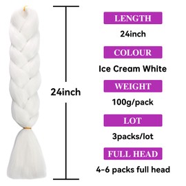 HAIRCUBE White Braiding Hair 24 Inch 3 Packs Pre Stretched Box Braids Colorful Twist Braiding Hair Extensions Synthetic Crochet Braiding (Ice Cream White)