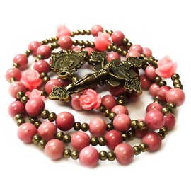 Pink Rhodonite Stone and Pink Rose Rosary Beads Catholic for Women - Catholic Rosary - Medal of Our Lady of Graces Centerpiece - Catholic Gifts Women - Rosary Necklace for Women - Catholic Gift,