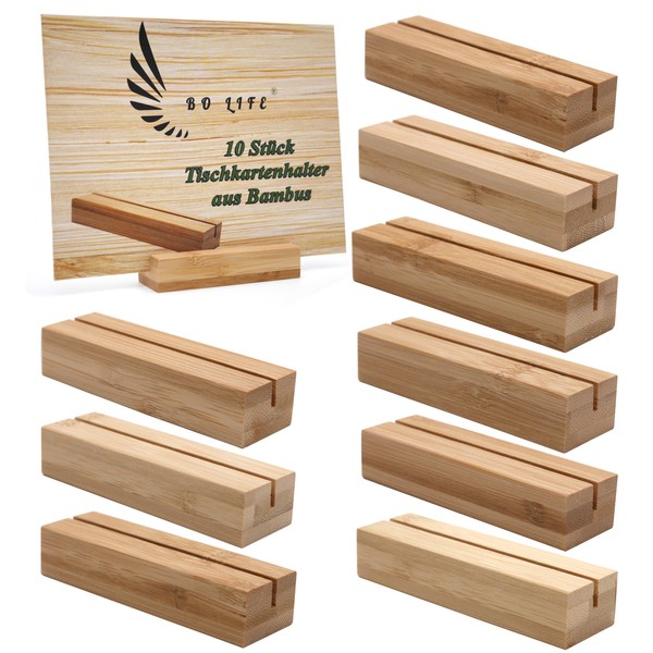 BO LIFE® Pack of 10 Bamboo Place Card Holders: Elegant Wooden Card Holder for Wedding, Photo Holder & Menu Card Holder - High-Quality Wooden Stand for Place Cards & Pictures - Natural Wood Design