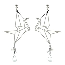 Jewelry Shop M acc26 E Women's Earrings, Screw Spring Type, Japanese Pattern, Origami Asymmetric Accessory, Hypoallergenic, Made in Japan, Silver, Crane R