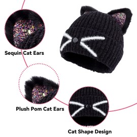 CHUANGLI Kids Girls Sequin Cat Ears Hats Winter Knitted Beanie Hat for Outdoor Snow Ski Skull Cap Ages 7-12 Years Black