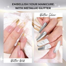 U-Shinein Hema Free Metallic Mirror Painting Gel Nail Polish, Glitter Silver & Gold Metal Painted Drawing Gel with Brush Chrome Gel Polish 2pcs 6ml Set 3D Effect Curing Requires Home Nail Art DIY