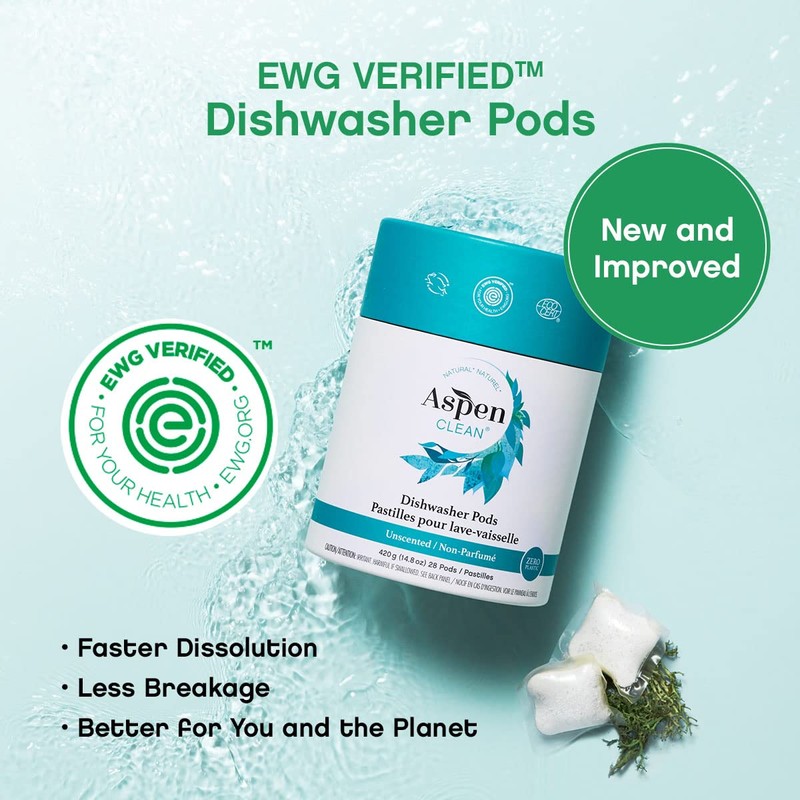 Unscented Dishwasher Pods by AspenClean, Dye-Free, Zero Plastic, EWG Verified™,