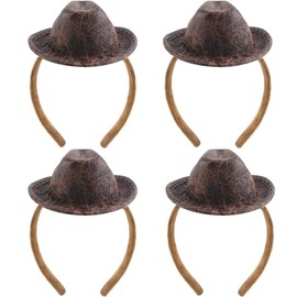 SGBETTER 4 Pcs Mini Cowboy Hat Headband Brown Cowgirl Hat Headband Western Hair Band for Adult Kids Western Party Supplies Costume Accessories