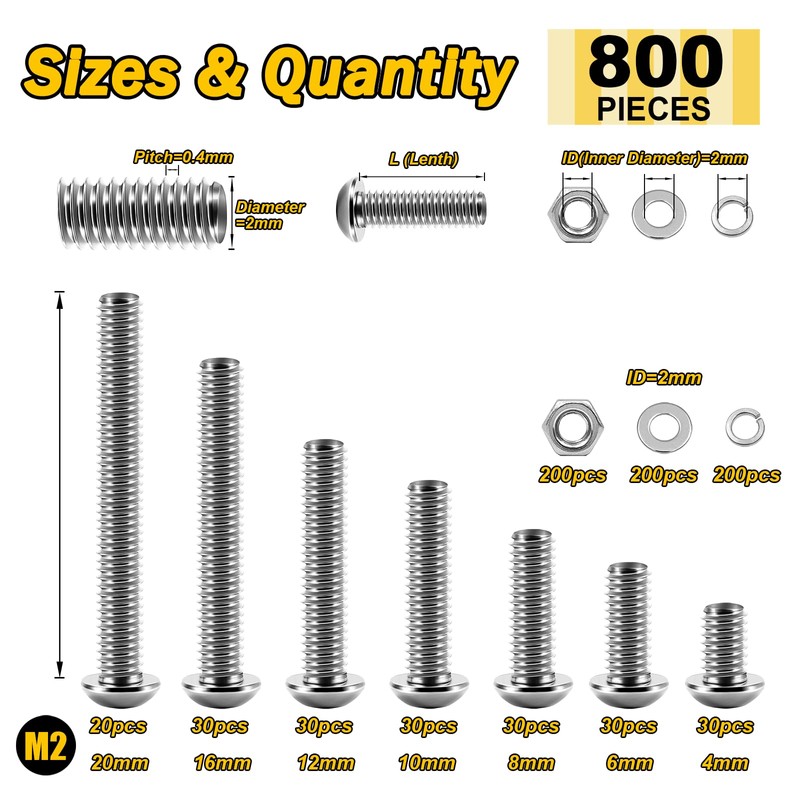 Mywish 800Pcs M2 Screw Assortment Kit 304 Stainless Steel Hex