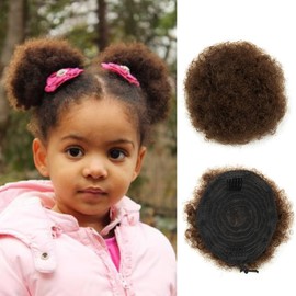Boymia Afro Puff for Kids #2 Dark Brown 4 Inch Afro Kinky Curly Hair Bun Hairpieces 100% Human Hair Durable Natural Soft Enhancing Your Beauty And Youthfulness Kinky Bun for Natural Hair
