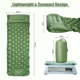 Self-Inflating Sleeping Mat, Ultralight Inflatable Air Mattress with Camping Pillow, Portable Compact Camping Mattress, Air Sleeping Mat for Camping, Hiking, Backpacking and Hiking Travel