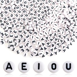 TOAOB 200pcs Vowel Letter Beads 7mm Round Acrylic Alphabet White Beads with Black Word A E I O U for Necklace Bracelet Jewellery Making