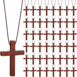 Ecation 48 Pcs Wood Cross Necklace Bulk Natural Wood Cross Pendant for Bible Verse Party Favor Wood Cross Crucifix on Cord Church Christian Gift