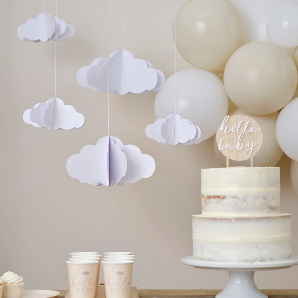 Ginger Ray Baby Shower White 3D Cloud Decorations Nursery Décor Pack of 5 Including Twine to Hang