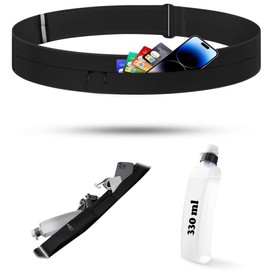 Cangurera para Correr Botella de Agua 330ml, Ajustable Cinturón Reflectante Cintura Pack con 3 Bolsillo M/L (Cintura 80-110 cm) para Correr, Ciclismo,