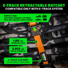 Rhino USA 2”x10’ Retractable E-Track Ratchet Straps: 3033lb Max Break Strength Compatible with E Track Rail Systems only– Perfect for UTV’s, ATV’s and Other Cargo (Orange - 2 Pack)