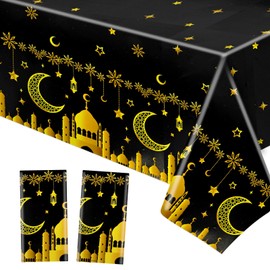 HOWAF 2 Ramadan Tablecloth Eid Mubarak Disposable Plastic Tablecloths, PVC Moon Star Rectangle Tablecloth Ramadan Tablecloths Waterproof for Ramadan Decoration Eid Mubarak Decoration, Blue