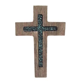 Rustic Wooden Style Wall Cross with Turquoise Inlay - 12-Inch Religious Décor