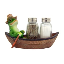 Croak Creek Canoe Resin Frog in Canoe Figurine with Glass Salt and Pepper Shaker Set Holder, 7 Inch