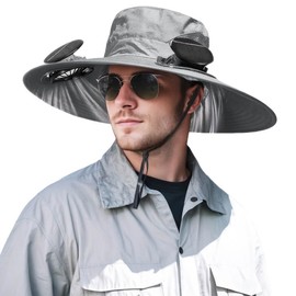Solar Powered Fan Hat for Men Women Wide Brim Hat with 2 Fans UPF 50+ Outdoor Fishing Beach Sun Hat Light Gray