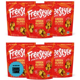 Freestyle Snacks Olive Snack Packs - As Seen on Shark Tank - Fresh Pitted Green Olives, Grown in Greece, All Natural, Non-GMO, Sugar-Free, Keto Snacks, Salty Snack - Hot & Spicy, 4oz (6 Pack)