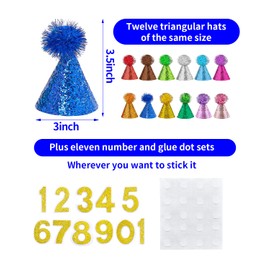 BIPY 12 Pack Mini Small Dog Birthday Party Hats for Puppies Cats Rabbits Stuffed Animals Kittens Adjustable Hat With Numbers Glue Dots Set for Holiday Wedding Costume Accessories