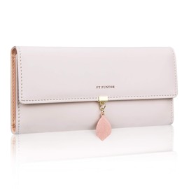 FT FUNTOR PU Leather Wallet for Women RFID Blocking Ladies Leaf Pendant Coin Zipper Long Purse with Multiple Card Slots and Card Holders Phone Pocket (L-Purple White)