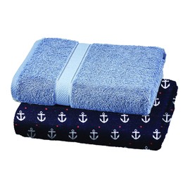 ABSTRACT Solid Luxurious Bath Towels – 100% Natural Cotton Towel Set – Super Absorbent Towels for Bathroom – 27” x 54” Chambray Blue and 29" x 54" Jacquard Anchor Design – 2 Pack