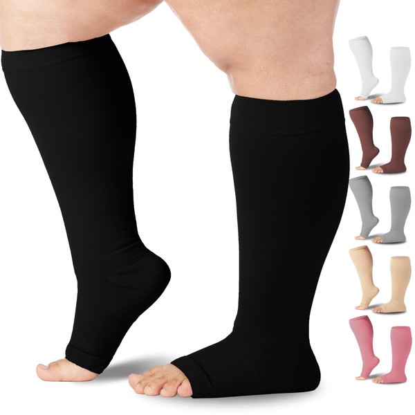 Mojo Compression Socks 20-30 mmHg Circulation Women & Men - Opaque Knee-Hi Open Toe - Black Large AB211BL3