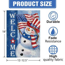 Dyrenson Welcome Winter Snowman Decorative Garden Flag, Patriotic America Snowflake Yard Outside Home Decorations, American USA Christmas Seasonal Burlap Outdoor Small Decor Double Sided 12 x 18