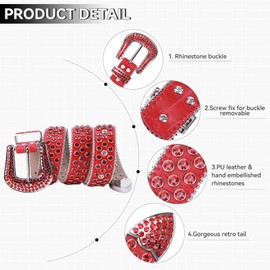 Cowgirl Cowboy Rhinestones Western Belts Bling Men Women Studded Leather Belt For Jeans Pants, All Red, Fit Waist 36-38 inches