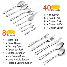 LIANYU 48-Piece Silverware Set with Serving Utensils, Flatware Set for 8, Includes Knives, Spoons and Forks, Stainless Steel Cutlery Eating Utensils, Mirror Finish, Dishwasher Safe