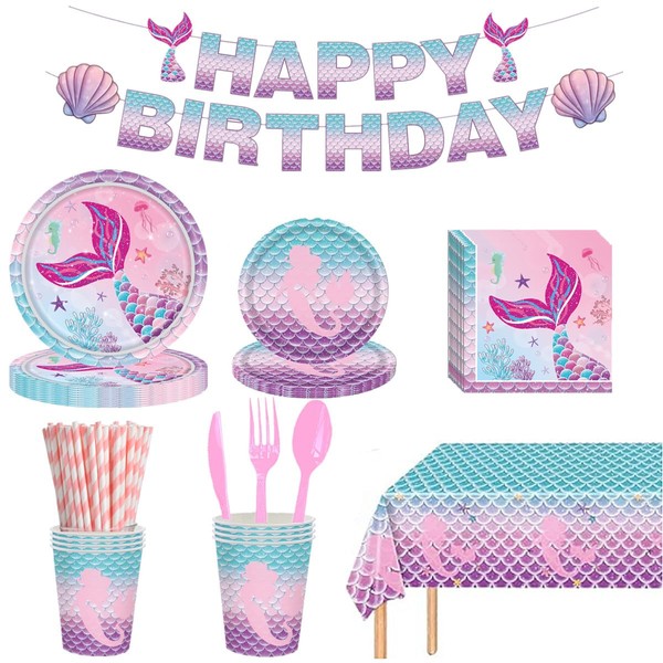202 Pcs Mermaid Birthday Decorations Party Supplies, Include Mermaid Plates