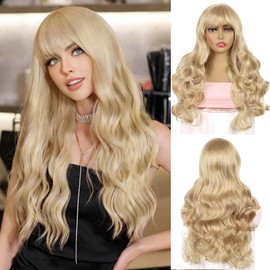 QUEENTAS 24 Inch Long Blonde Wigs for Women Wavy Cruly Wig Synthetic Hair the Wig with Bangs