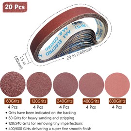 Rocsuk 20 Pcs 1-1/2 x 29 Inch Sanding Belts,4 Pcs Each of 60/120/240/400/600 Grits Sanding Belt for Pipe Sander Adapter,740 x 40 mm Sanding Belts for Pipe or Tube Sanding Attachment.
