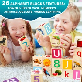 Quokka Montessori Wooden Blocks for Toddlers 1-3 - 35 Realistic ABC Learning Baby Blocks for Kids 3-5 Year Olds - Stacking Alphabet Wood Toys for 2-4 yo - Learn Letters Numbers