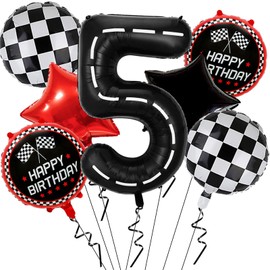 Race Car Birthday Decorations - 40 Inch Racetrack Black Number 5 Balloons - Red Foil Checkered Race Car Balloons for 5st Birthday Race Cars Themed Party Decorations
