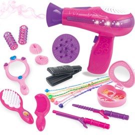 MEGAFUN Little Girls Beauty Hair Salon Toy Kit with Toy Hairdryer, Mirror & Other Accessories, Fashion Pretend Makeup Set for Kids