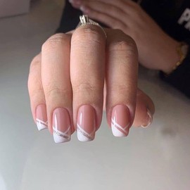 Ceboic Stick-on nails, short, nude pink, shiny French artificial nails, square artificial nails, press on nails with nail glue sticker, 24 pieces, ballerina acrylic nails, false nails for women and