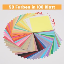 Origami Paper 50 Colours 100 Sheets 15 x 15 cm - Double-Sided Coloured Origami Set for Crafts and Designing