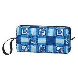 OLUSENMO Blue Geometric Bamboo Leaf Makeup Bag Compact Durable Travel Cosmetic Bag Organizer Oxford Fabric Multi-Purpose Storage Perfect for Travel, Gym, Daily Use
