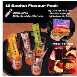 12 Joss Shots Cola Pop - Fizzing Sherbety Party Energy & Mood Boosters - Legal Upper With No Comedown - 50mg Caffeine + Taurine + L-Theanine + B-Vitamins + Amino Acids + Endorphin Precursors