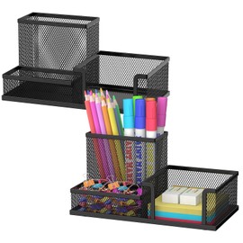 SUPEASY Mesh Pen Holder Desk Organizer, Office Supplies Pencil Storage with 3 Compartments, Office Desk Accessories and Workspace Organizers for Home School, Black 2 Pack
