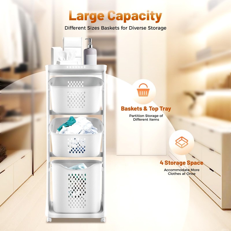 OLKKEFT 3 Tier Rolling Laundry Basket, Stacked Laundry Basket Organizer,