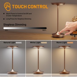 SHANGCAI LED Cordless Table Lamp Rechargeable - Outdoor 6000mAh Battery Operated Portable Table Lights 3 Color Stepless Dimming Table Lamps with Memory Function for Patio Restaurant Dining Moka