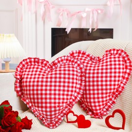 SmoothNovelty 2 Pcs Valentines Throw Heart Pillow 16 x14.5 Inches Red White Plaid Ruffle Throw Pillow Valentine's Day Decorative Pillow for Couch Sofa Living Room Decor Valentine's Day Love Gifts