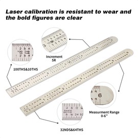 6 in Machinist Ruler Scale 5R 10ths 1/100 1/32 1/64 Graduation Flexible Decimal Inch Steel Ruler 3PK