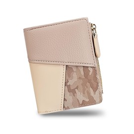 Andiker PU Leather Bi-fold Small Wallet for Women, Trendy Vintage Splicing Compact Ladies Purse with Zipper Coin Pocket (Pink)