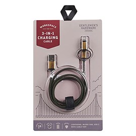 Gentlemen's Hardware 3-in-1 Charging Cable, Lightning/Micro USB/USB C Connectors, Green + Black
