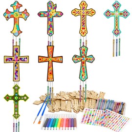 gisgfim 16 Pack Cross Wind Chime Crafts Kits for Kids Make Your Own Sunday School Craft Christian Crafts Wooden DIY Arts for Easter Party School Classroom Decorations Supplies Birthday Favors
