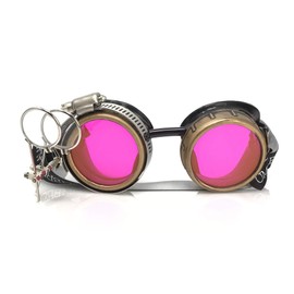 Steampunk Victorian Style Goggles with Compass Design, UV Glow in The Dark Neon Pink Rave Diffraction Glasses Spiral Lenses